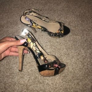 GUESS floral print sandal heels